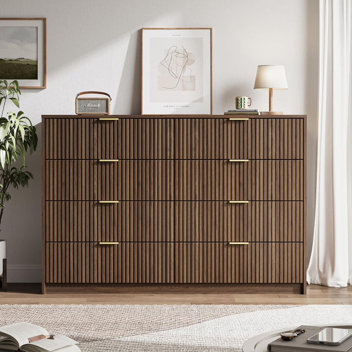 55" Wide Fluted 8-Drawer Double Dresser for Bedroom, Walnut