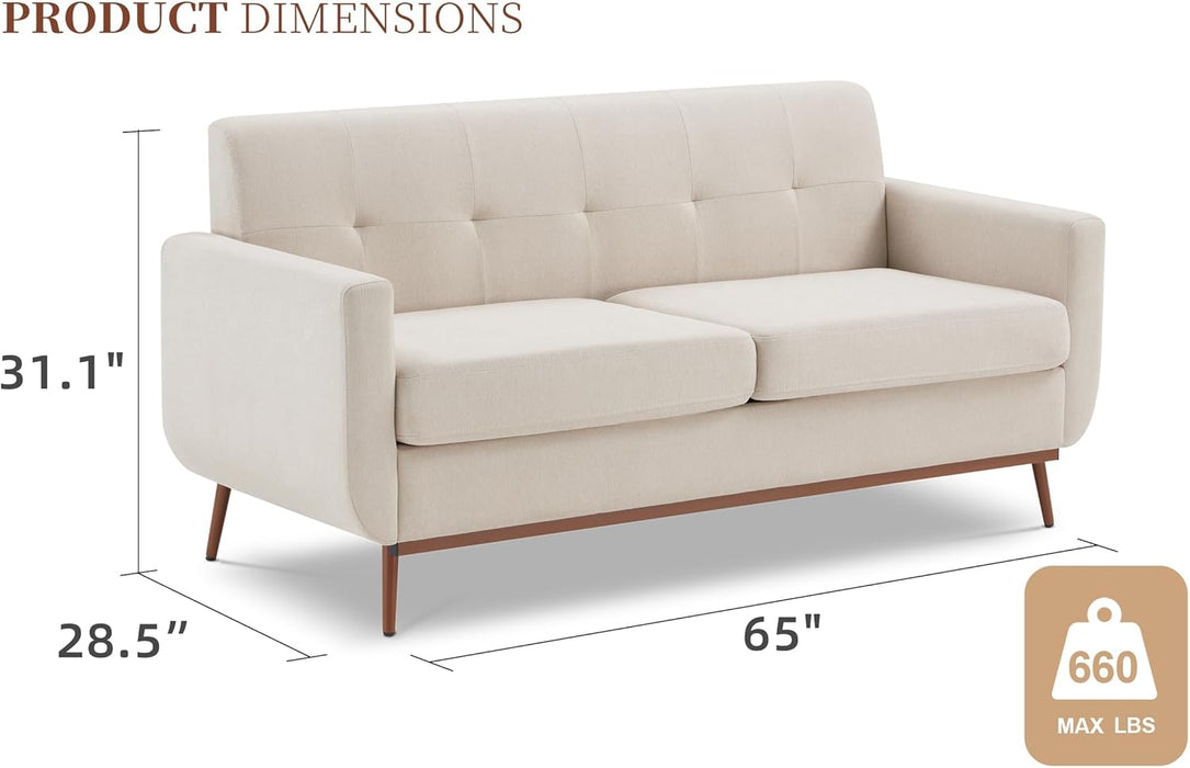 Beige Mid-Century Loveseat Sofa: Easy Assembly, Solid Wood