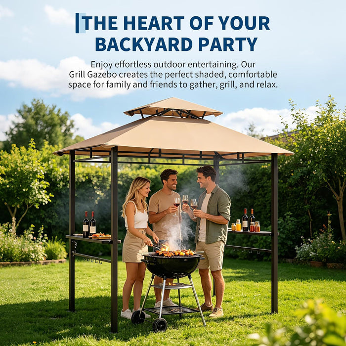 8X5 Ft BBQ Grill Gazebo with Double Roof, Outdoor Grill Shelter with 2 Side Shelves & Tool Hooks, Weather-Resistant Patio Shelter for Backyard Cooking