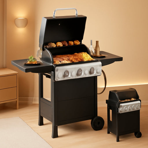3 Burners Portable Gas Grill with Enameled Cast Iron Grates, Powerful 36,000 BTU Propane Grill with Side Shelf & Bottom Cabinet, Outdoor Grill with Wheels for Patio Backyard Garden BBQ Use