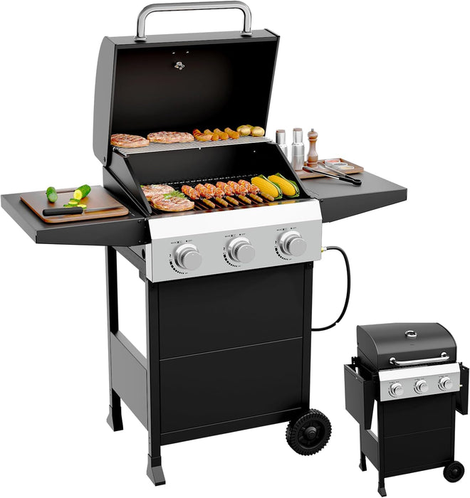3 Burners Portable Gas Grill with Enameled Cast Iron Grates, Powerful 36,000 BTU Propane Grill with Side Shelf & Bottom Cabinet, Outdoor Grill with Wheels for Patio Backyard Garden BBQ Use