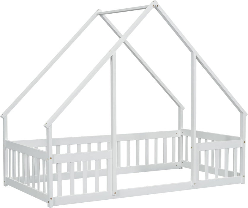 Twin White Montessori House Floor Bed IntegratedFence