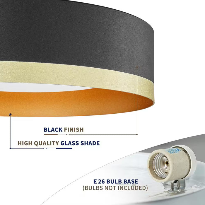 13.8 In. 1-Light Black and Gold Flush Mount with Frosted Glass Shade