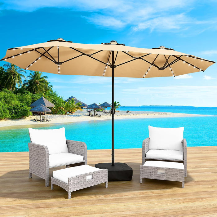 15FT Large Patio Patio Umbrella with Base & Solar LED Lights - Double-Sided,Kahaki