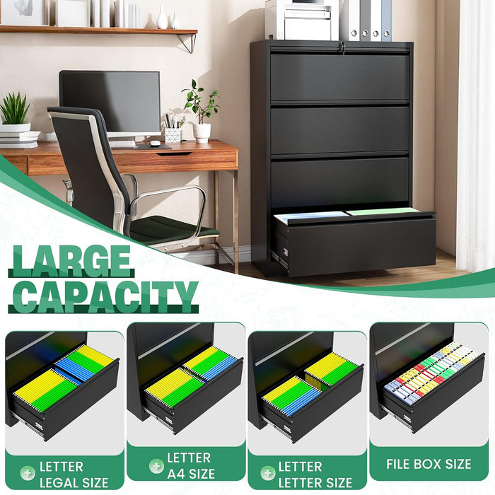 4 Drawer File Cabinet,Metal Lateral Filing Cabinet with Lock,Home Office Storage Organizer Cabinet for Legal/Letter/A4/F4 Size Files,35.5" W,Black