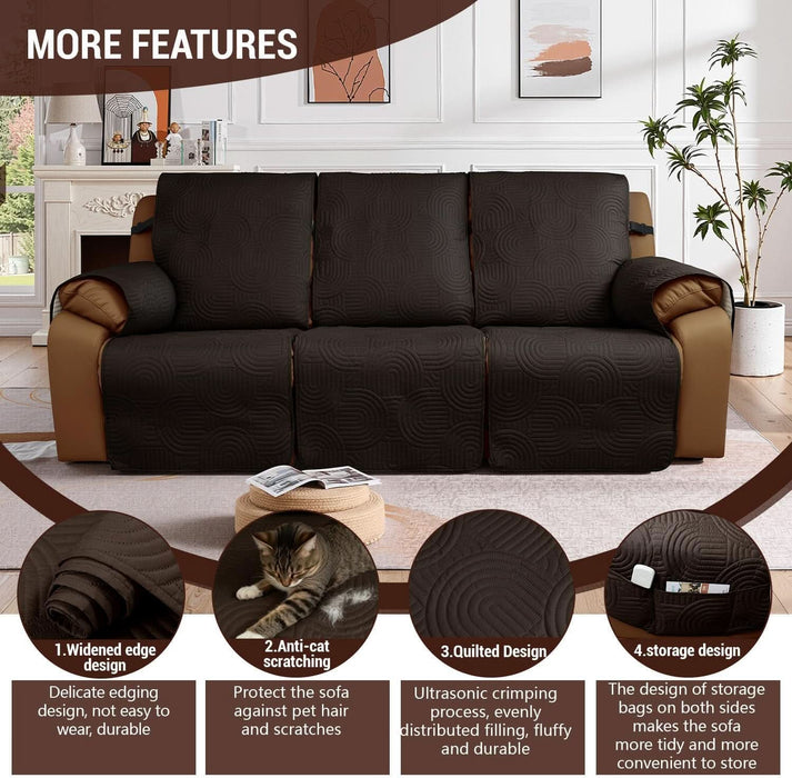 Waterproof Recliner Sofa Cover,Non Slip Couch Cover for Reclining Sofa Washable Furniture Protector with Elastic Straps Pocket for Kids, Pets (Chocolate, 3 Seater)