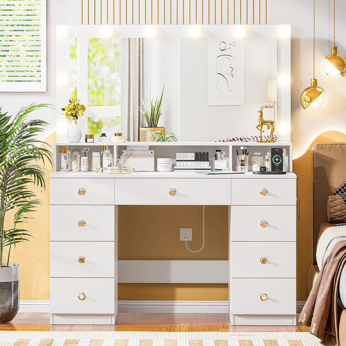 Vanity Desk with Lighted Mirror, Makeup Vanity Table with Power Outlet, 9 Drawers & Crystal Handles, 43.3” Large Vanity Desk Dressing Table for Women, Girls, Bedroom, White