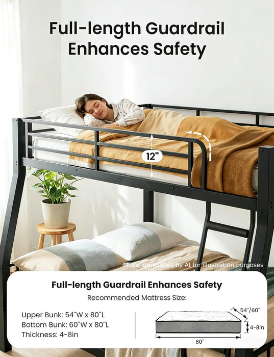 Full XL over Queen Bunk Bed for Adults, Heavy Duty Metal Queen Bunk Bed Frame with Reinforced Steel Slats, Full-Length Guardrails & Anti-Slip Ladder, Noise-Free, No Box Spring Needed, Black