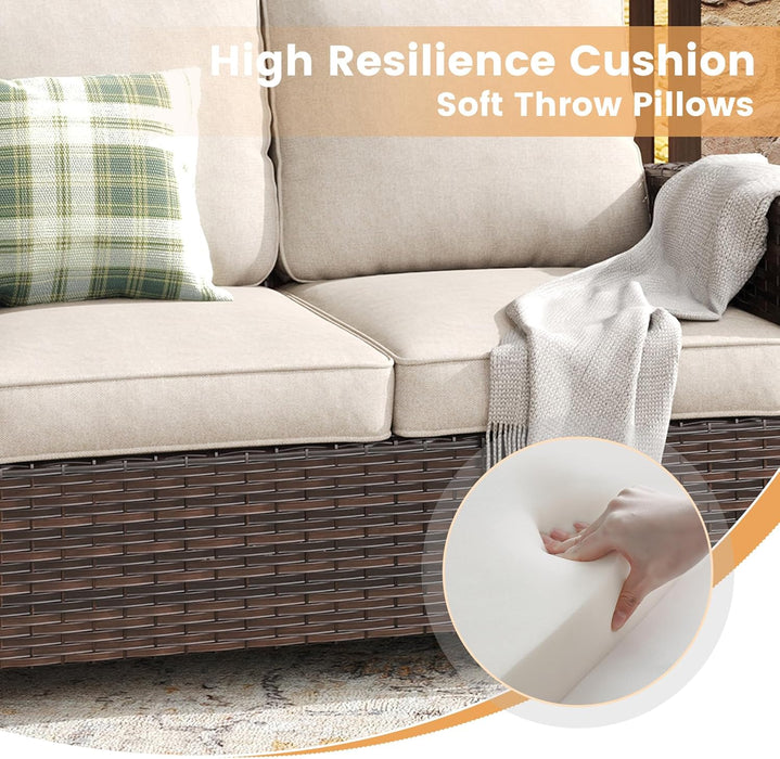 9 Piece Outdoor Patio Furniture Sets,Wicker Conversation Set with 3-Seat Sofa,2 Swivel Chair,2 Side Tables,2 Ottomans,1 Fire Table and 1 Lover Sofa for Garden,Brown Rattan Beige Cushion