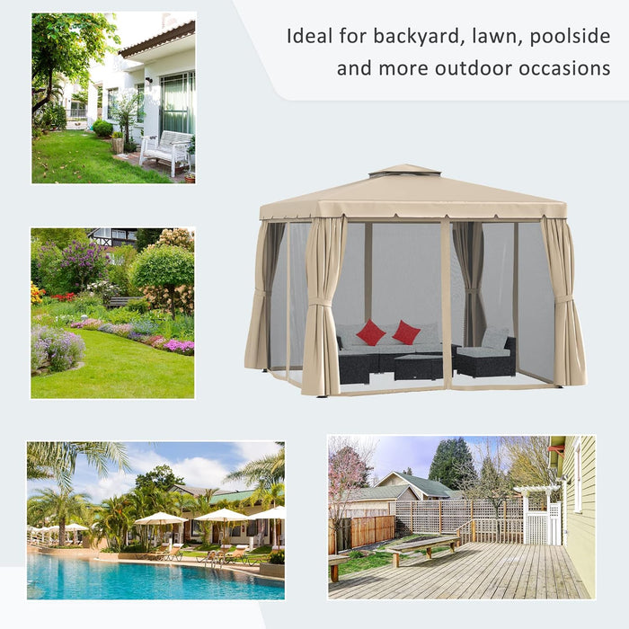 10' X 10' Patio Gazebo, Aluminum Frame Double Roof Outdoor Gazebo Canopy Shelter with Netting & Curtains, for Garden, Lawn, Backyard and Deck, Khaki