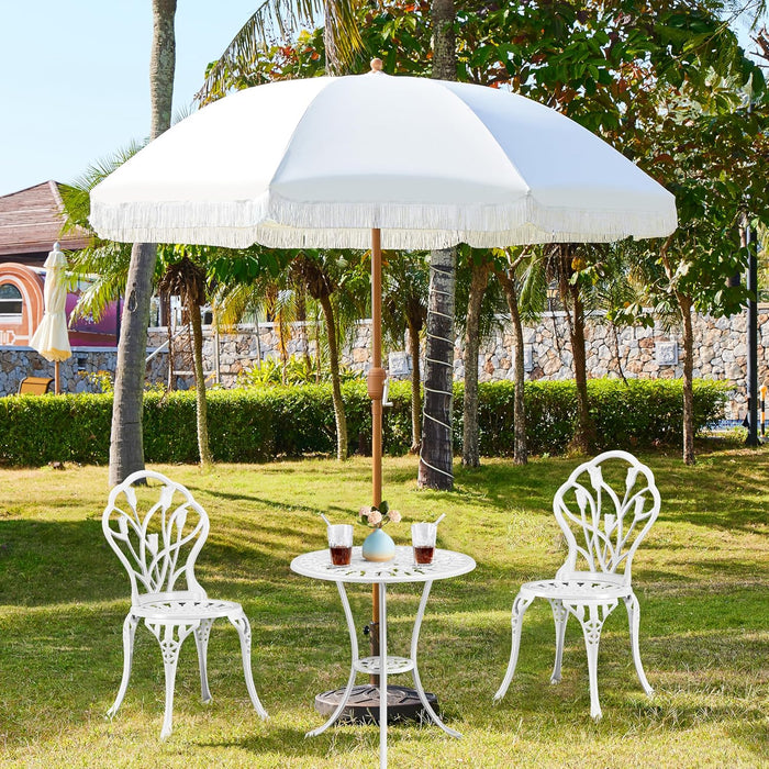 9Ft Patio Umbrella with Tassels, Fringe Portable Beach Umbrella, Umbrella Outdoor Patio with Crank Operating Mechanism, Tilting Aluminum Pole, Fiberglass Ribs for Garden, Pool, Cream