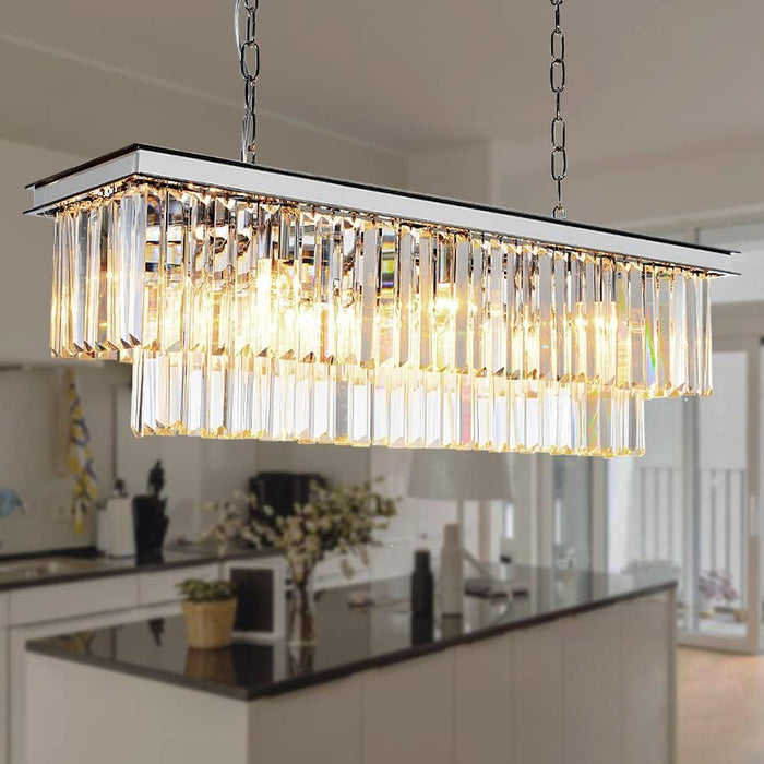 Chrome Rectangle Crystal Pendant Light 39.4Inch Chandelier