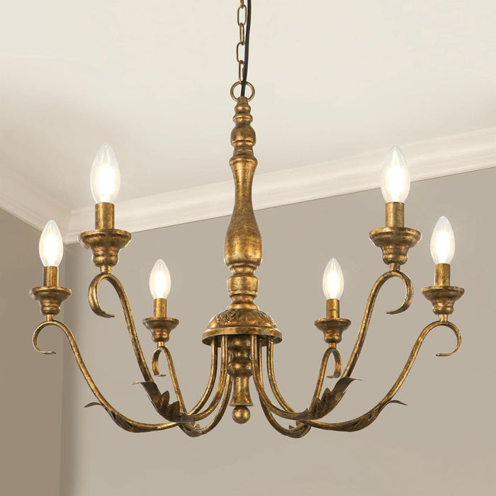 6-Light Farmhouse Chandelier, 23.62'' Vintage Brass Gold Chandeliers for Dining Room, Adjustable Rustic Metal Hanging Pendant Light Fixture for Kitchen Island Entryway Foyer Bedroom Hallway