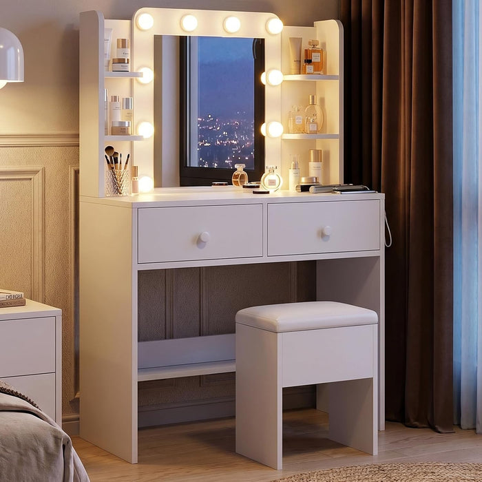 White Vanity Desk With Comprehensive Storage Mirror
