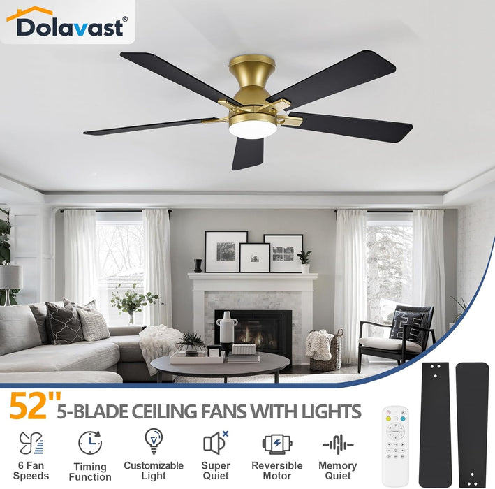 Ceiling Fans with Lights and Remote, 52 Inch Ceiling Fan with Light, Low Profile Reversible Gold Fandelier Ceiling Fan, Dimmable LED, Flush Mount, Quiet DC Motor, for Bedroom Kitchen