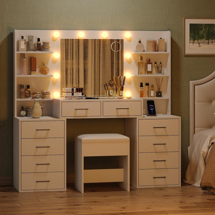 55'' W Makeup Vanity with Mirror & Lights, 10 Drawers Vanity Desk with Charging Station, 6 Open Shelves, 3 Lighting Modes Brightness Adjustable, Glass Top Vanity with Chair for Bedroom, White