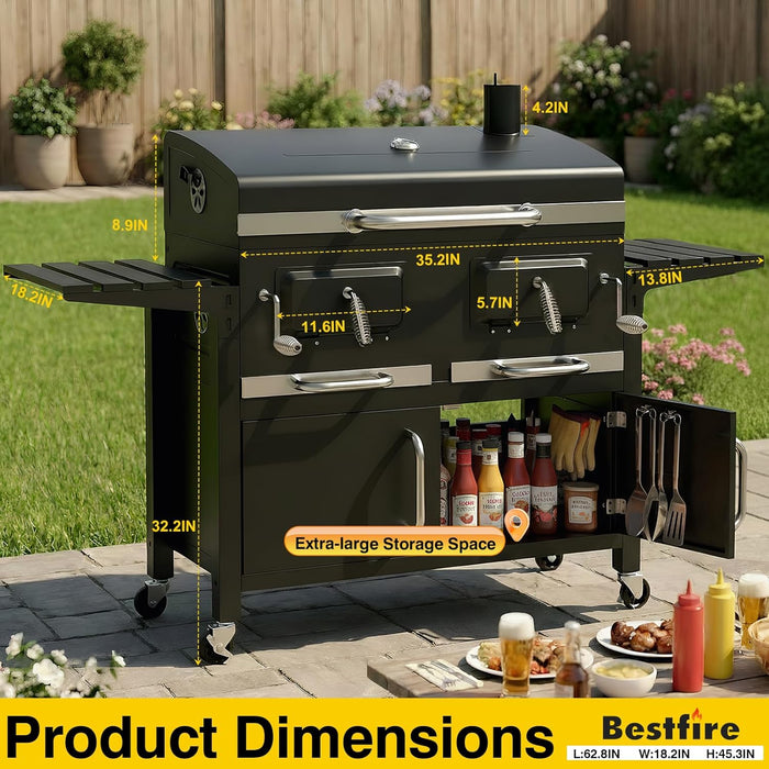 63" Oversized Charcoal BBQ Grill & Smoker, Large Outdoor Grill with 2 Individual Lifting Charcoal Trays, Cabinet-Style Charcoal Grills with Foldable Side Tables, 4 Wheels, Asadores De Carbon