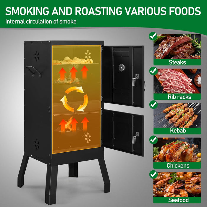 Outdoor Smoker with Double Doors, Vertical Charcoal Smoker, Outdoors Charcoal Barbeque with 2 Detachable Grill Netting Smoking Racks, Suitable for Lawn Picnic, Backyard BBQ, Black