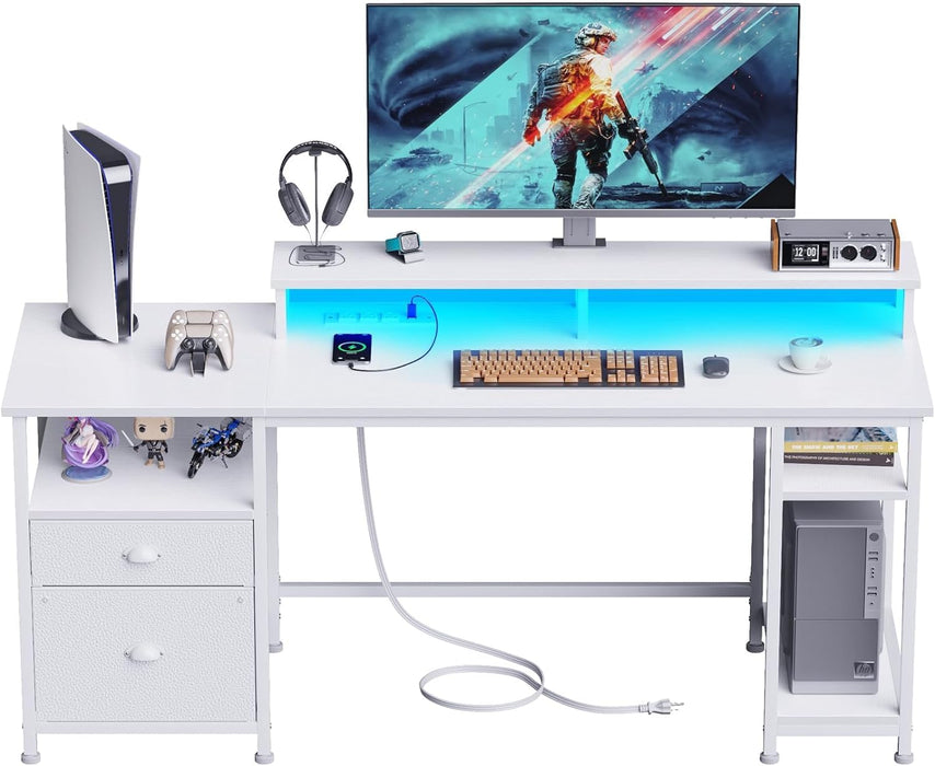 White Gaming Desk with LED Lights & Drawers