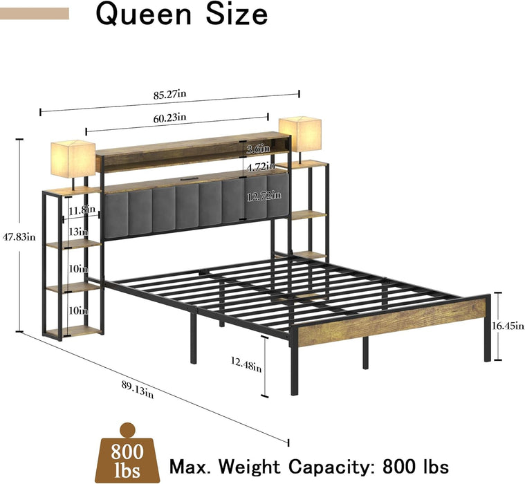 Upholstered Storage Headboard Queen Size Bed Frame - Farmhouse Metal Platform with Bookcase & Nightstand, Rustic Brown, Easy Assembly (No Box Spring Needed)