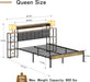 Upholstered Storage Headboard Queen Size Bed Frame - Farmhouse Metal Platform with Bookcase & Nightstand, Rustic Brown, Easy Assembly (No Box Spring Needed)