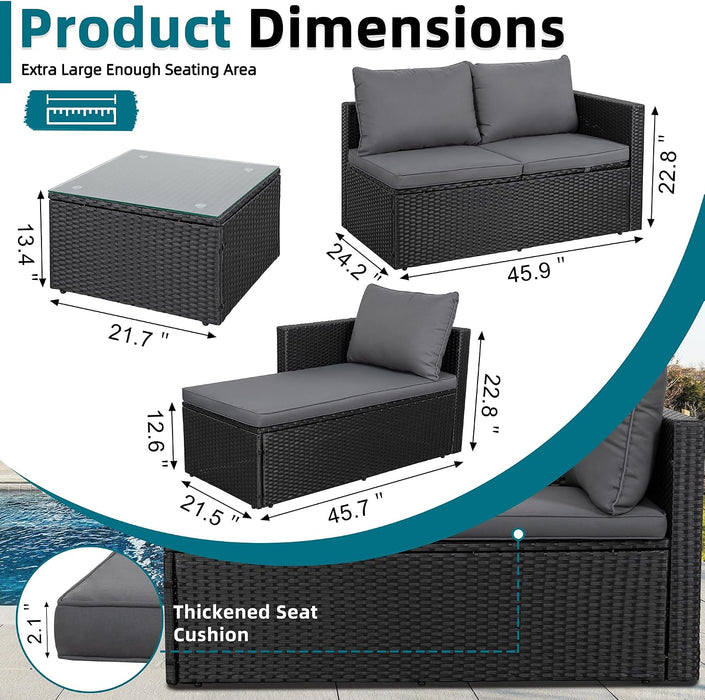 Patio Furniture Set with Detachable Soft Cushions, Outdoor PE Rattan Patio Conversation Sofa Set, 3-Piece Patio Sectional Sofa with Glass Coffee Table (Black Rattan&Charcoal)