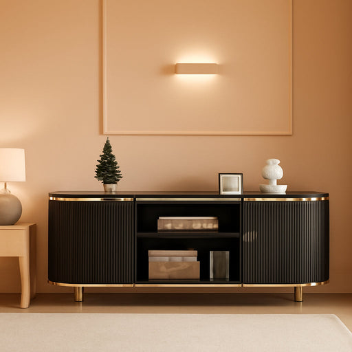 Luxury 70" Fluted TV Stand, Modern Entertainment Center for Tvs up to 80”, TV Console with Faux Marble Tabletop, Curved Profile Design, Media Console for Living Room, Black