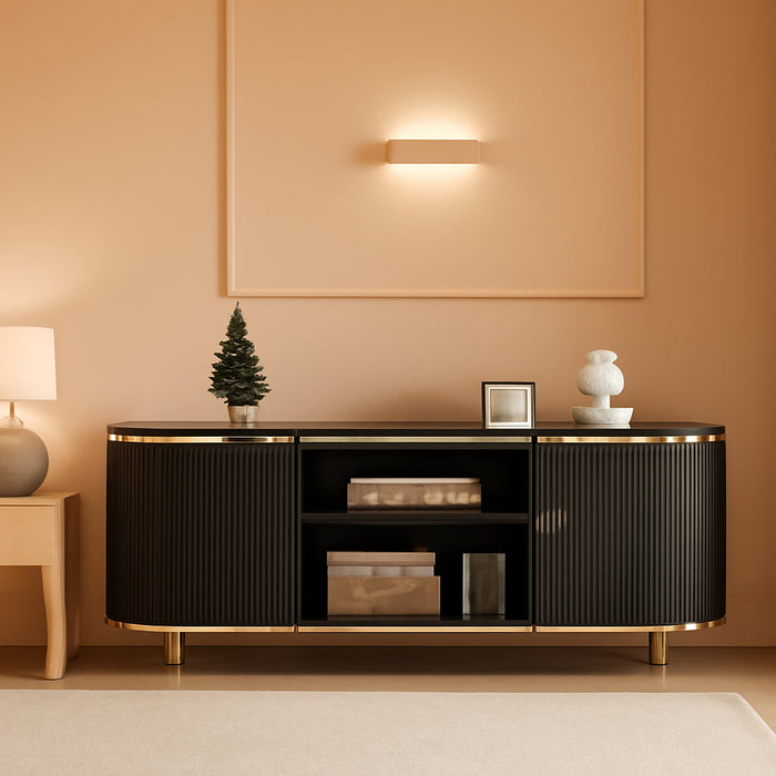 Luxury 70" Fluted TV Stand, Modern Entertainment Center for Tvs up to 80”, TV Console with Faux Marble Tabletop, Curved Profile Design, Media Console for Living Room, Black