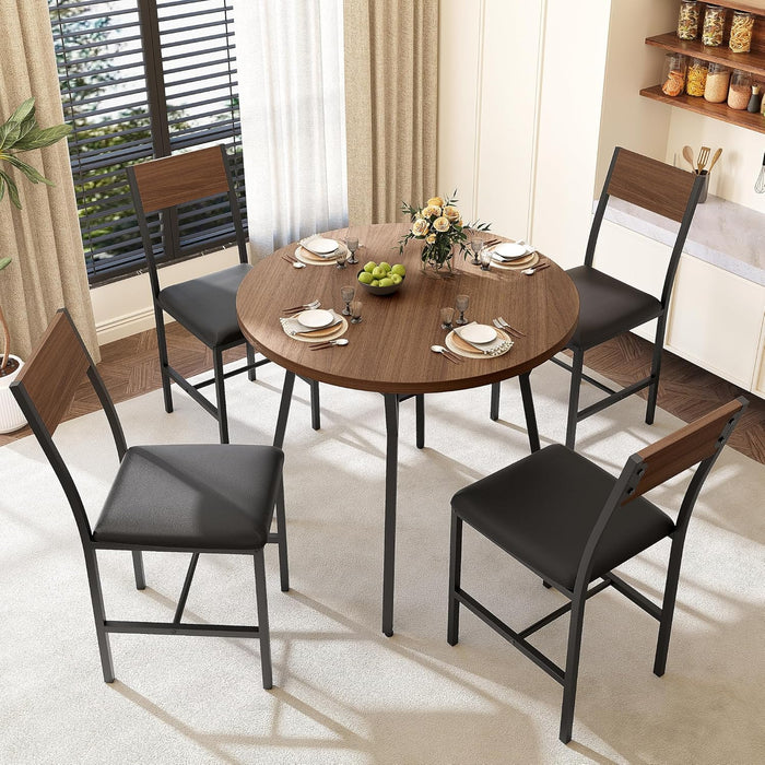 round Dining Table Set for 4, Kitchen Table and Chairs for 4, Dining Room Circle Dinner Pedestal Table, Solid Metal Frame,Space Saving Wood Kitchen & Dining Room Furniture,Walnut