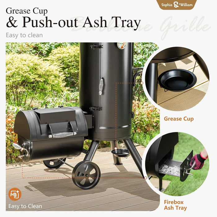 Heavy-Duty Vertical Offset Charcoal Smoker Extra Large Outdoor BBQ Gill with Offset Smoker, 961 SQ.IN. Cooking Area with Warming Tray,Push-Out Ash Tray for Event Gathering, Black