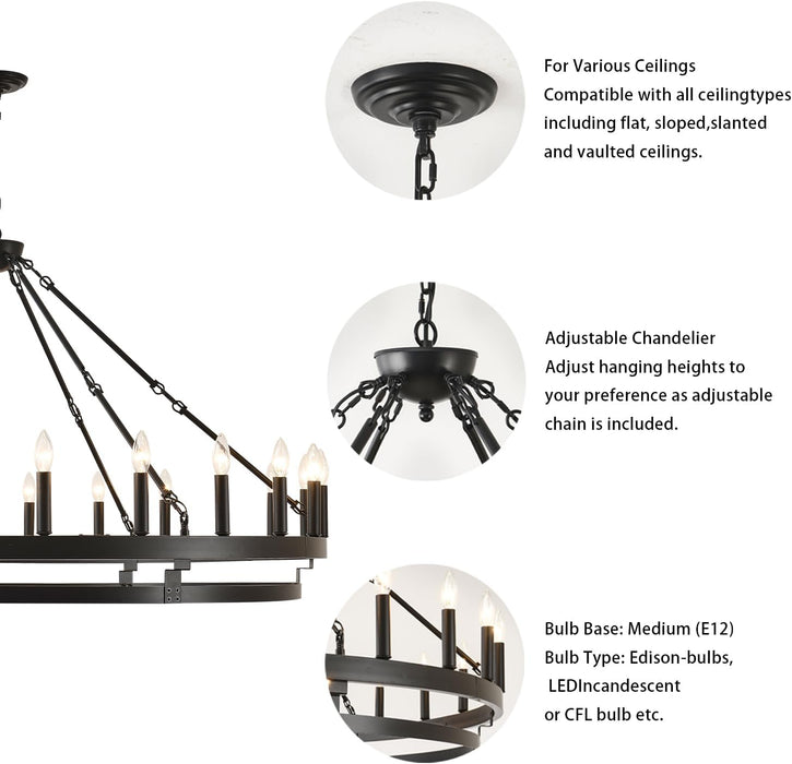 53Inch Black Wagon Wheel Chandelier Farmhouse Industrial