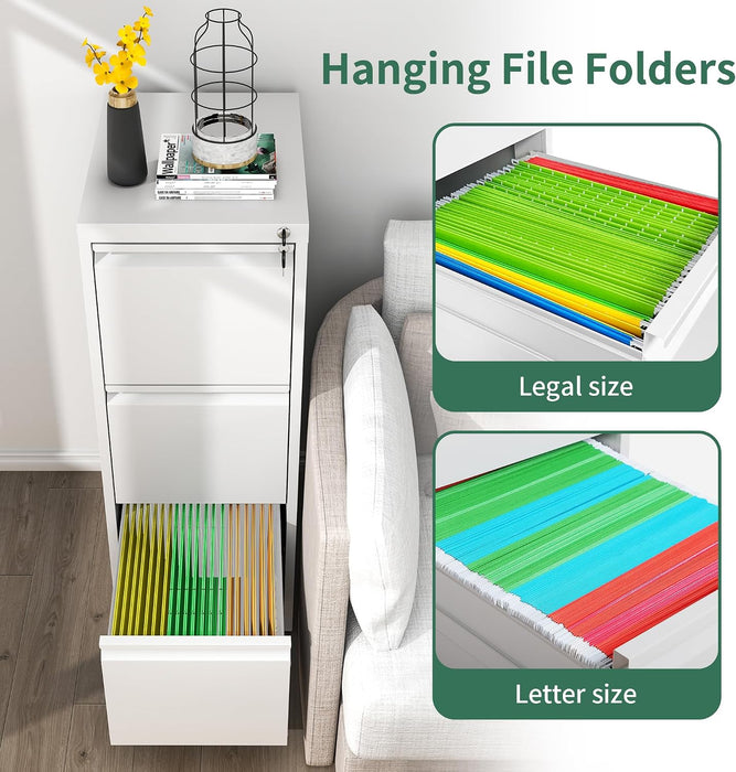 White 3 Drawer Vertical File Cabinet LockingMechanism