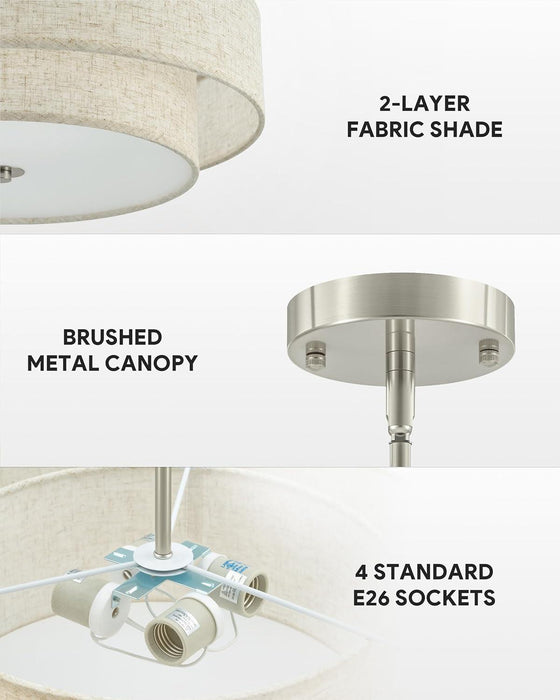 Modern Chandeliers, 18" Drum Chandeliers with 2-Layer Fabric Shade, 4-Light Pendant Light Fixture with E26 Base, Light Fixture for Dining Room Bedroom Living Room, Linen Shade & Nickel Finish