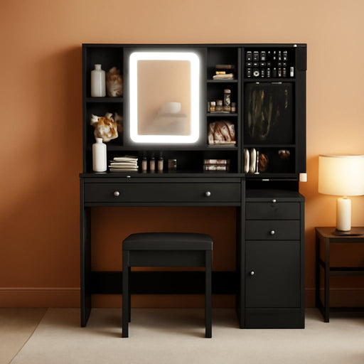 Vanity Desk with Mirror and Lights, Vanity Table Makeup Vanity with Lights 3 Drawers and Cabinets, Charging Station & Sliding Door, Lots Storage Shelves
