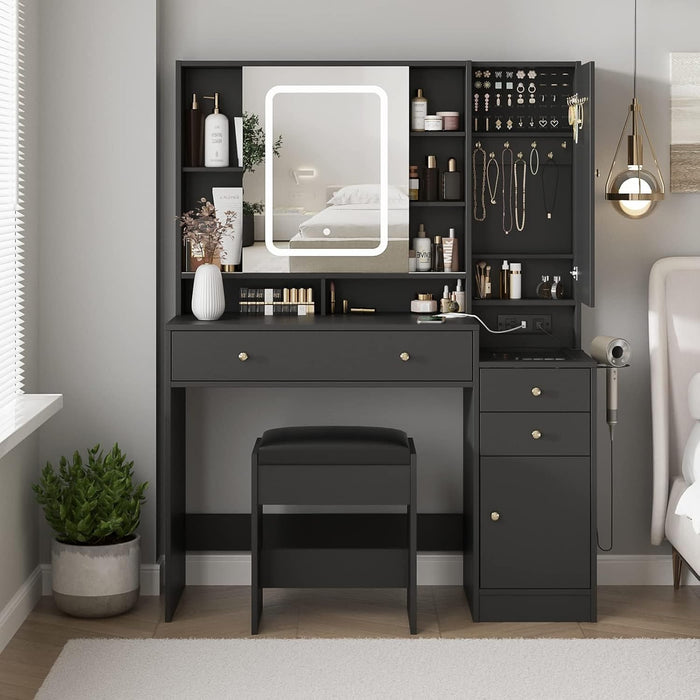 Vanity Desk with Mirror and Lights, Vanity Table Makeup Vanity with Lights 3 Drawers and Cabinets, Charging Station & Sliding Door, Lots Storage Shelves