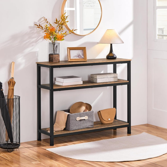 Industrial Console Table, 3 Tier Entryway Table with Storage Shelves, Narrow Sofa Tables for Living Room, Foyer, Hallway, Entrance, Metal Frame, Rustic Brown