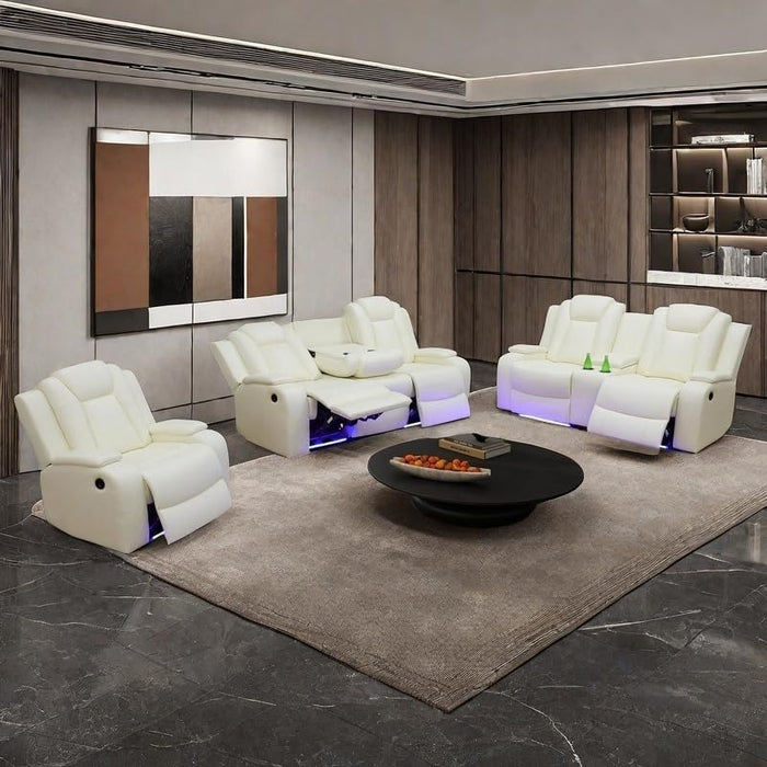 Power Recliner Set with LED Lights, Air Leather Reclining Set with USB Port/Wireless Charger/Storage Console/Cup Holder for House/Hometheater/Apt (Ivory White, Sofa Loveseat Chair)