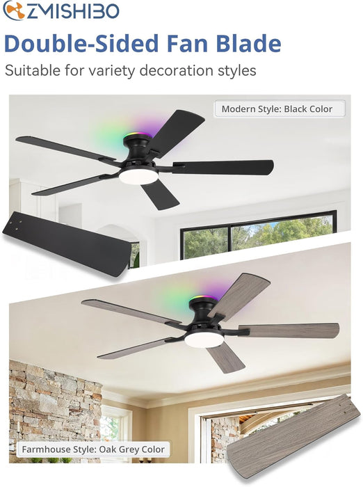 52 Inch Smart Ceiling Fans with RGB Lights, Low Profile Flush Mount Ceiling Fan with Alexa/App/Remote Control, Dimmable 20W LED Light, Black Modern Fan for Living Room, Bedroom, Game Room