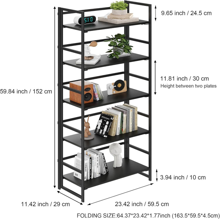 All Black Folding Bookshelf Five Tier Organization