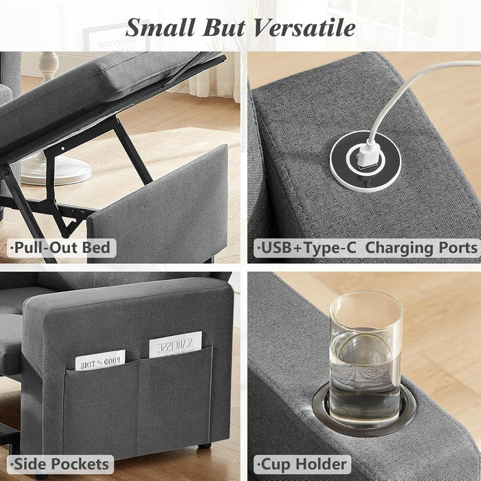 3 In 1 Sleeper Sofa Chair Bed With USB Ports - ShipItFurniture