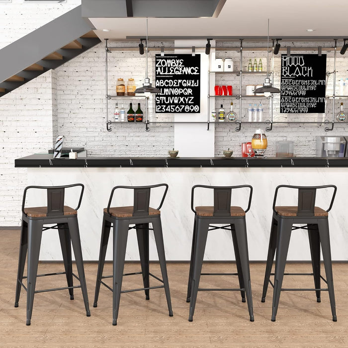 30 Inch Bar Stools Set of 4 Bar Height Metal Barstools with Wood Seat Low Back Kitchen Bar Chairs Matte Black - ShipItFurniture