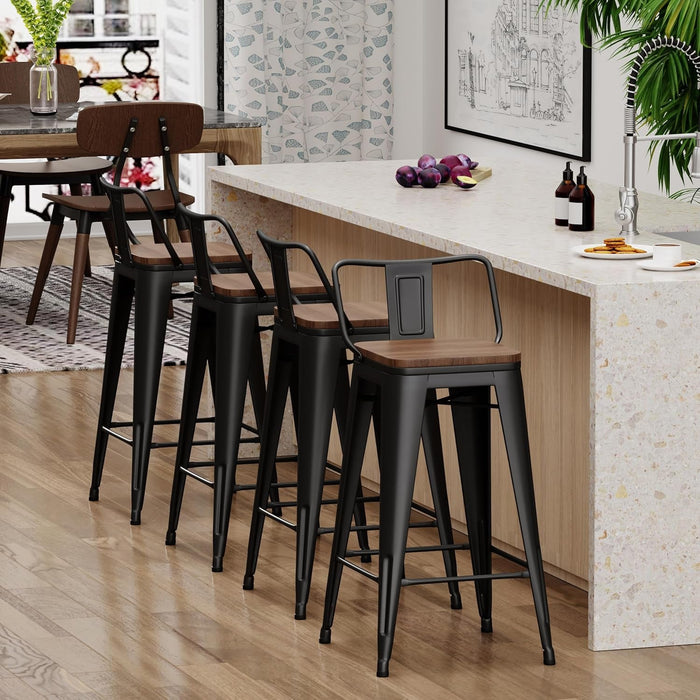30 Inch Bar Stools Set of 4 Bar Height Metal Barstools with Wood Seat Low Back Kitchen Bar Chairs Matte Black - ShipItFurniture