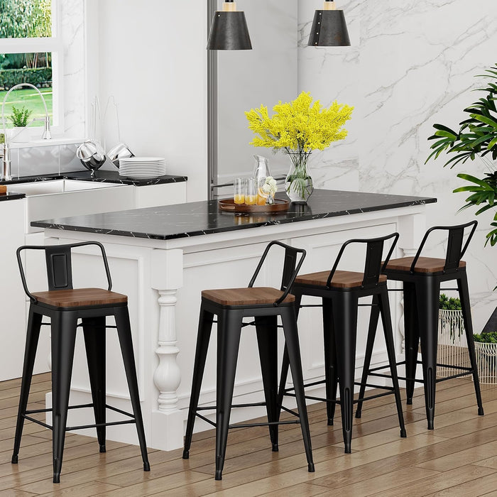 30 Inch Bar Stools Set of 4 Bar Height Metal Barstools with Wood Seat Low Back Kitchen Bar Chairs Matte Black - ShipItFurniture