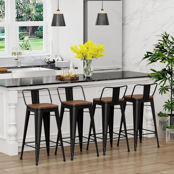 30 Inch Bar Stools Set of 4 Bar Height Metal Barstools with Wood Seat Low Back Kitchen Bar Chairs Matte Black - ShipItFurniture