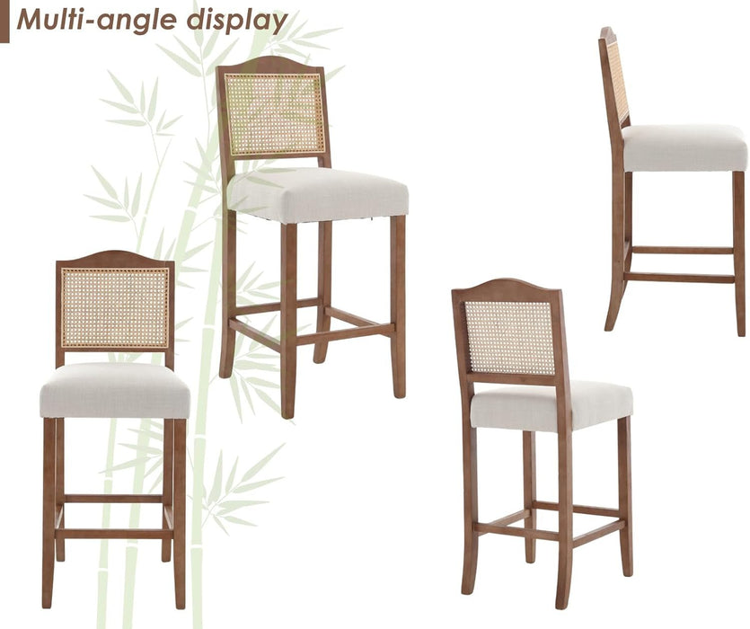 30 Inch Counter Height Stools Set of 2 Rattan Farmhouse Barstools Mid Century Modern Bar Chairs Upholstered Kitchen Bar Stools with Wood Legs for Island/Dining Room, Linen Beige - ShipItFurniture