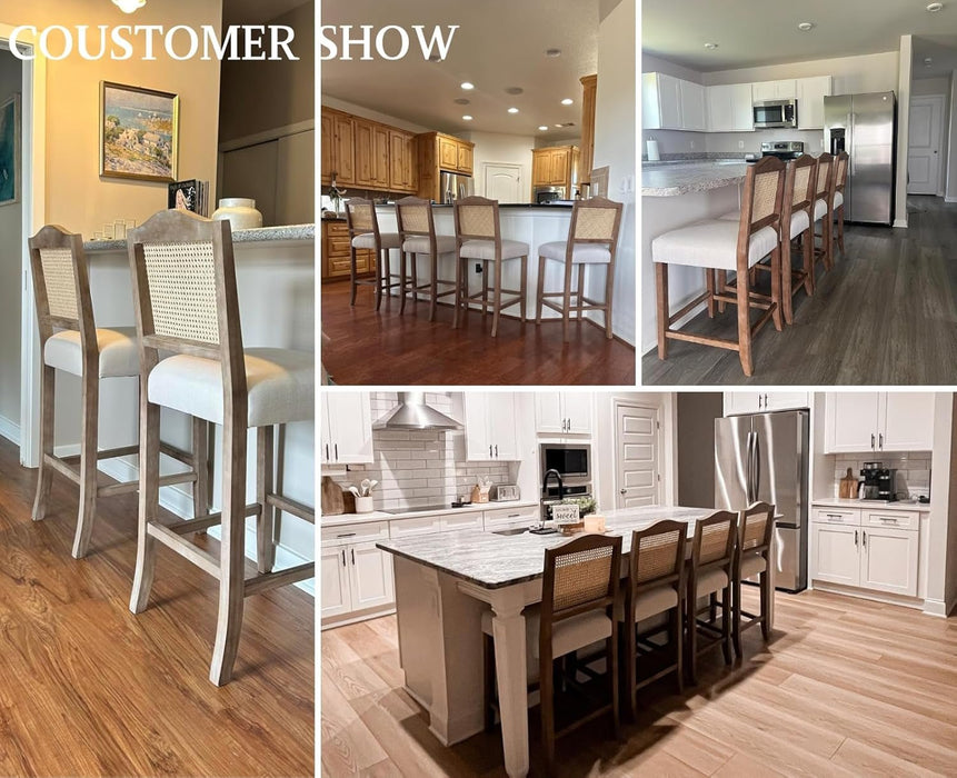 30 Inch Counter Height Stools Set of 2 Rattan Farmhouse Barstools Mid Century Modern Bar Chairs Upholstered Kitchen Bar Stools with Wood Legs for Island/Dining Room, Linen Beige - ShipItFurniture