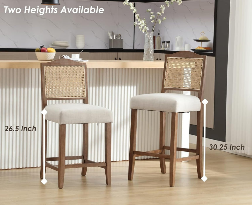 30 Inch Counter Height Stools Set of 2 Rattan Farmhouse Barstools Mid Century Modern Bar Chairs Upholstered Kitchen Bar Stools with Wood Legs for Island/Dining Room, Linen Beige - ShipItFurniture
