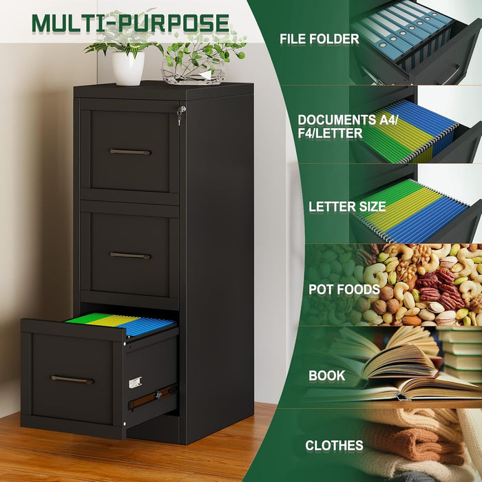 Metal 3 Drawer Vertical File Cabinet with Lock, Steel Lockable Filing Cabinet, Home Office Storage Cabinet Fits Letter A4 Legal Files, Anti-Tilt Full Extension Drawers for Document Organizer