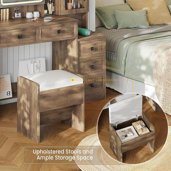 Farmhouse Vanity Desk with Mirror and Lights, Makeup Vanity Set with Lights & Jewelry Cabinet & 5 Drawers, Vanity Table with Charging Station, Hidden Storage Space for Bedroom, Brown