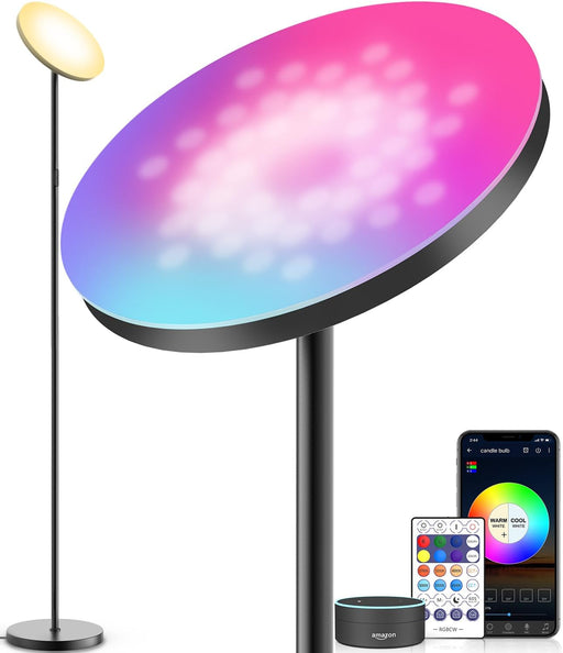 Smart RGB LED Floor Lamp Works with Alexa Google Home, Wifi Remote Modern Tall Standing Light, Super Bright 2000LM Color Changing & Dimmable Sky Torchiere for Living Room, Bedroom (Black)